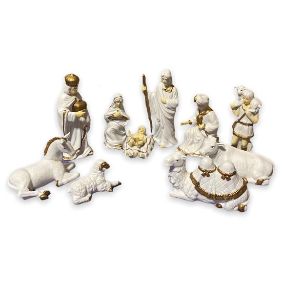 Nativity Scene 10 Piece Set White Gold Accents Figurines Christmas Bisque - Picture 1 of 11